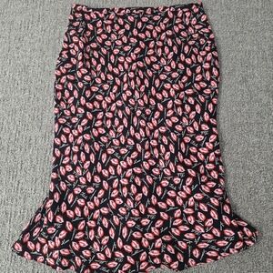 Alain Manoukian 100% Silk Lips Print Midi Skirt Black Red Size 38 Parisian Chic